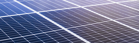 Solar Panels Solar Cells Background with Sun Overlight Day,New Design Plant Smart Solar System Micro Inverter Solar Panels Energy on Roof House,New Technology Electric for Eco Environment ecology.の写真素材