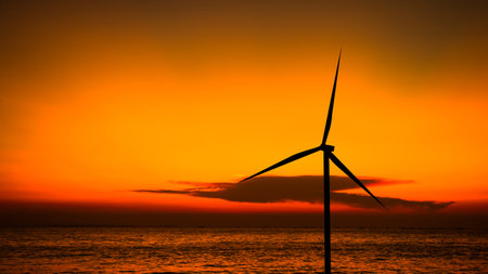 Windmill Sunset,Energy Turbine Wind Farm Generation Factory Farm,Plant Wind Turbine Power Sustainable Factory,Electric Industrial Alternative Renewable Energy Technology Mill,Environment.の写真素材