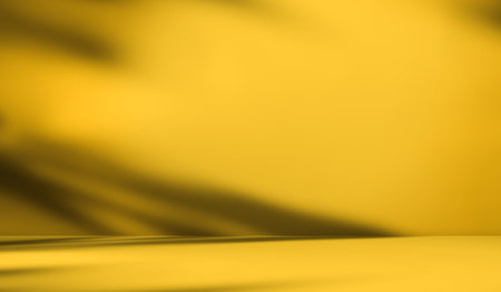 Loft Product Summer Studio Room Background,Yellow Shadow Leaves on Podium Pland Cement Concrete Backdrop,Light Overlay from Window House Floor Wall Table Kitchen Counter Bar Desk Shelf Template.の写真素材