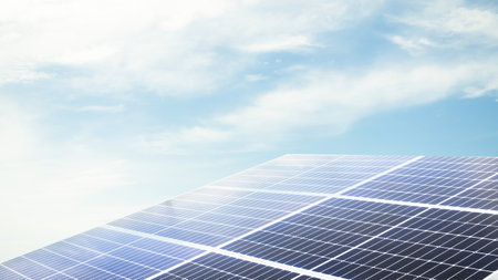 Solar Panels Solar Cells on Roof House with Blue Sky Background,New Design Plant Smart Solar System Micro Inverter Solar Panels Energy,New Technology Electric for Eco Environment ecology.の写真素材