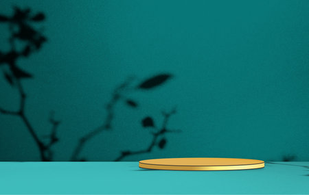 Podium Product Background,Gold Stage Stand Cosmetic Platform on Green Scece Studio Room with Shadow Leaves on Wall Floor Table,Empty Circle Mockup Display Backdrop Space on Cement Concrete Desk  Loft.の写真素材