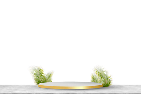 Podium Stage Stand Product with Palm Leaf on Table Background,Scene Cosmetic Aesthetic Beauty with Coconut Leaves Abstract Design Isolated on White Background,Studio Room Cement Shelf Desk Mockup.の写真素材