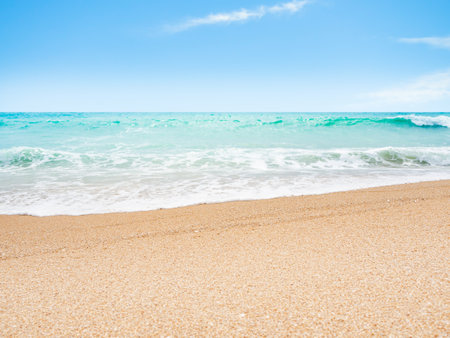 Sea on Sand Beach with Sky Horizon Background,Blue Ocean Wave Water Nature Summer Tropical Paradise Backdrop,Landscape for Tourism Travel Relax Vacation Holidays,Wallpaper Season,Shore Island Thailandの写真素材