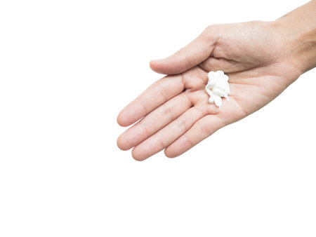 Lotion on Palm up Isolated on White Background,Creme for Hand and Body Female,Cosmetic Beauty Spa for Girl,Healthy Skin Care Medication Cream Treatment  Massage Finger,Woman Aplly Moisturizer Gel Faceの写真素材