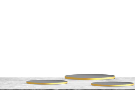 Gold Gray Podium Stage Isolated on White Background,Platform Table Product Studio Room Floor Cement Loft,Circle Shelf round Mockup Display Stand Pedestal Scene Show Summer Winter Cosmetic Presentationの写真素材