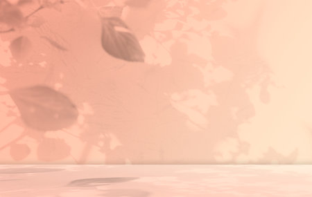 Peach Studio Room Background,Shadow Leaf on Wall Floor Pastel Pink Orange Empty Backdrop,Gradient Table Product Cosmetic Summer Template,Light Overlay Abstract Spring on Cement Concrete Loft Plant.の写真素材