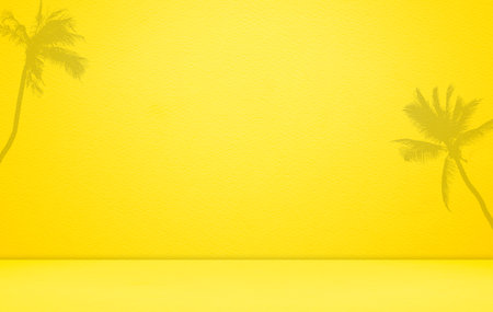 Background Yellow Color Studio Wall Room with Shadow Palm Leaf Summer,Wall Solid Empty Scene Product Backdrop,Golden Orange Floor Tropical,Platform Paper Loft,Cement Concrete Banner Podium Mockup.の写真素材