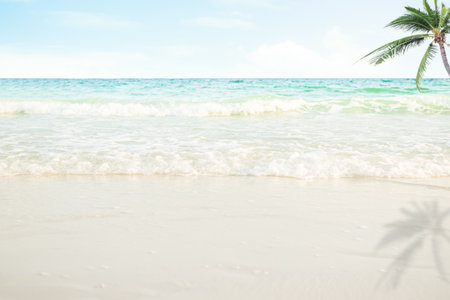 Sea on Sand Beach with Palm Tree,Blue Sky Background,White Wave Water Shore Horizon Seascape,Beautiful Paradise Tropical Ocean Island Thailand Nature at Coast with Sun,for Tourism Vacation Relax.の写真素材