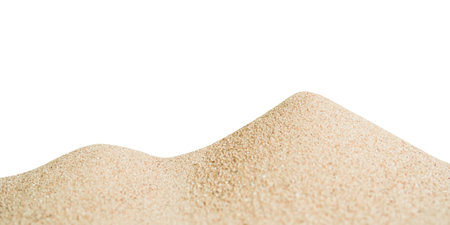 Pile Sand Beach Sea Isolated on White Background,White Mountain Desert Scene Summer Nature at Coast,Abstract Texture Hill Soil Construction Object,Nature Lanscape Summer Tropical,Dry Small Sandy.の写真素材