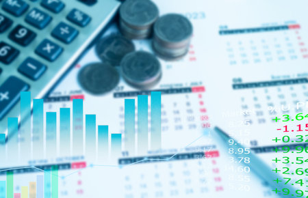 Invest Economy Business Money with Stack Coin,Calculator,Calenda and Value Financial Graph Fund Stock Market,Growth Salary Economic Bank Account Cash Corporate,Exposure Trade Forex Crypto currency.の写真素材