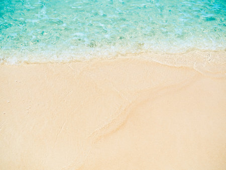 Sea Ocean on Beach Sand Background,White Foam Wave Water Blue Shore Summer Seaside at Coast...