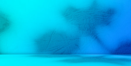 Shadow on Blue Cement Studio Room Background,Table Product Summer Cosmetic,Overlay Flower Leaf Pastel Color on Wall Floor Backdrop,Light from Window on Stand Podium Minimal Loft Abstact Interior Bar.の写真素材