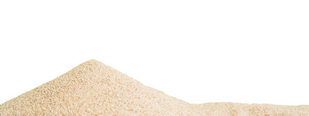 Pile of Sand Beach Isolated on White Background,Texture White Desert of Sea Summer Nature Scene Ocean,Dune Sandy Surface Hill Soil Ground Construction Landscape Abstract,Heap Mountain Particle.の写真素材