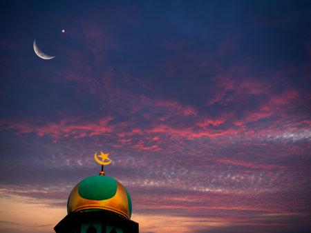 Mosque Dome with Crescent Moon Star in Sunset,Mubarak Muharram Ramadan,Eid Adha Kareem Greeting.の写真素材