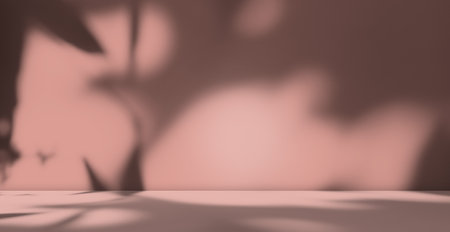 Pink Peach Color Studio Summer Background,Shadow Leaf Spring on Table Product Cosmetic Beauty,Abstract Overlay Light Flower on Wall Floor 3d Backdrop,Empty Texture blur Cement Marble Loft Kitchen Roomの写真素材