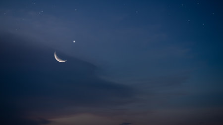 Sky Crescent Moon Night Ramadan Eid Background,Star Dark Blue Islamic Card Kareem Islam Ramazan Arabian Mubarak Sunset Muslim Arab Lantern Celebration New year Muharam,Al Adha Fitr Arabian Mecca.の写真素材