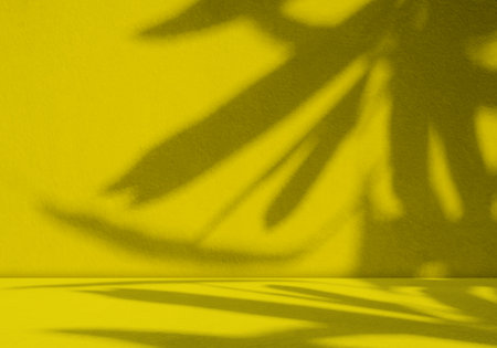 Yellow Summer Background,Shadow Leaf on Studio Room Lemon Color,Table Product Cosmetic Tropical Platform blur Paper Cement Marble Loft Abstract Overlay Kitchen Minimal Space Display 3d Template Shelf.の写真素材