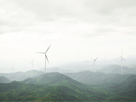 Energy Wind Mill Turbine Power on Green Mountain,Electronic Technology Generator windmill Industy,Electric Farm Renewable Environment sustainable Plant in Park Field,Co2 Nature Electricity.の写真素材