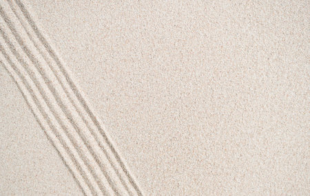 Zen Garden White Sand Background,Texture Pattern Japanese Line Wave Abstract Nature Spa,Top View Balance Harmony Beach Japan Calm Peace Scene Meditation Desert,Ground Yoga Sea Lifestyle Natural.の写真素材