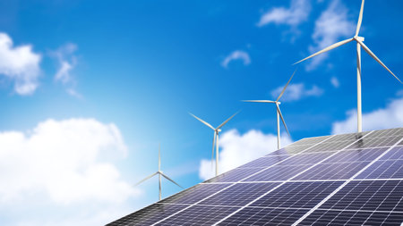 Solar Panel energy with Wind Mill on Blue Sky Background,Photovoltaic Engineer,System Electric...