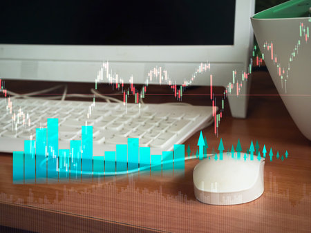 Graph Stock Market Financial Data Statistic Finance on Mouse Keyboard Computer Background, Chart Index Money Exchange, Trade Forex Global Index Online, Investment Fund Report Broker Analysis Bitcoin.の写真素材