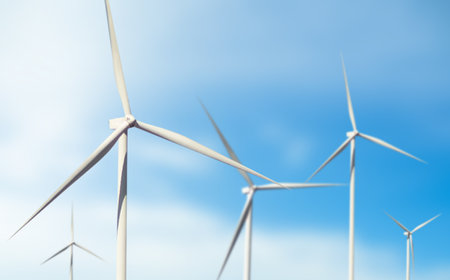 Wind Mill Turbine Power Energy Generator Electric Farm on Blue Sky Background, Renewable Environment...