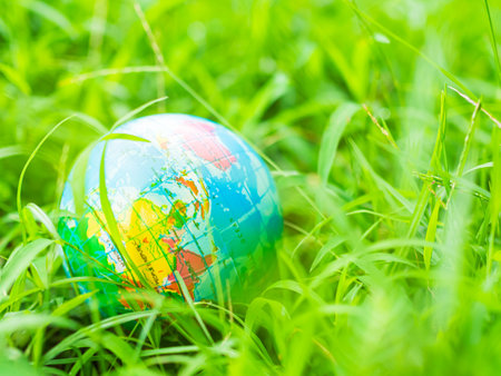 Earth Environment Concept, Globe on Green Grass Forest Background, World Map Day, Conservation Ecology Recycle Save Co2 Climate, Life World Clean , Environmental Eco Ecosystem Care and Protect.の写真素材