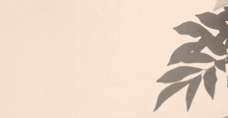 Shadow Leaf Tropic Summer Background, Abstract Leaves Branch Plant on blur Beige Cement Marble Backdrop, Light Overlay Flower Nature on Wall Floor Space Product, Effect Sun Light Summer Mockup Minimalの写真素材