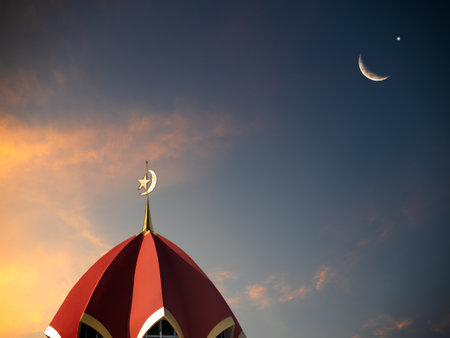 Mosque Red Dome Islam on Crescent Moon Star Sky Sunset Background, Eid Masjid Minaret Building Mubarak Ramadan, Architecture in Night Evening Istanbul Namaz Kareem Greeting Travel Sharjah Arabian Holyの写真素材