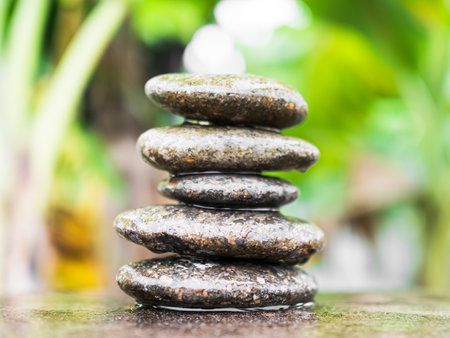 Stone Stack Zen Balance on Growth Nature Background, Pyramid Pebble, Concept Calm Stability Spiritual Spa Harmony Spirit Philosophy Wish Meditation Health.の写真素材