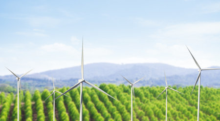 Wind Mill Turbine Power Energy Generator Farm Electric Renewable Sustainable Field Green Park Mountain Nature Environment Clean Co2 with blur sky landscape, Future Technology Plant Windmill Energy.の写真素材