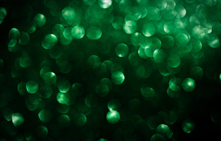Green Night Bokeh Background, Abstract Light blur Glister Lamp, Luxury Card for Merry Christmas and Happy New Year Party, Black Dark Sparkle Spark Texture Pattern Overlay Circle Bubble Particle Brightの写真素材