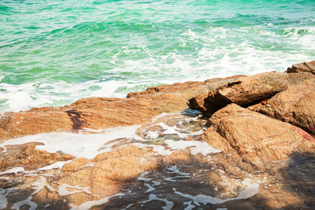 Rock Podium on Beach Sea Background, Stone Product Summer Cosmetic Beauty at Coast Blue Ocean, Stand Mockup Nature on Island Water Shore Outdoor Seascape Tropical Coastline Shore Waterside White Wave.の写真素材