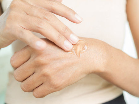 Woman Apply  Aloe Vera Gel Cream Lotion on Skin Arm after Shower, Skincare Cosmetic Beauty for Girl, Moisturizer Mask Injury Medicine Facial Face and Body Care, Ingredient Spa Home Health Nature.の写真素材
