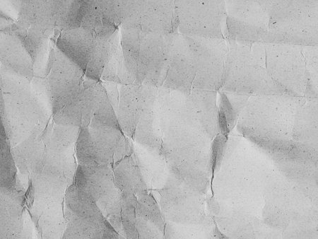 Crumpled Paper Wrinkle Background, Dark Gray White Sheet Old Dirty Crease Page Torn Grunge Vintage Design Backdrop, Pattern Parchment Rough Aged Manuscript Space Template Document Mockup Massage.の写真素材