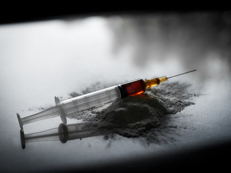Heroin Drug Needle in Syringe, Narcotic Crime Cocaine Addict Treatment Liquid Abuse with Powder Medicine of Junkie Overdose Depression Addiction Illness Pain Concept.の写真素材