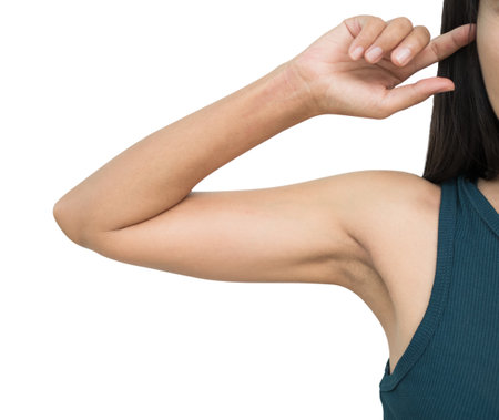 Sagging Flabby skin Arm Naked, Slim Hand Woman isolated on white background, Surgery Excess Fat Female, Aesthetic Medicine Control Weight Diet Fitness, Mass Muscle Loss, Aging of Elderly Lady.の写真素材