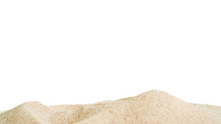 Sand Beach Isolated White Background, Surface Pile Desert Ocean Summer, Golden Texture Dune Heap Studio Sandy Sea Tropical Scene Nature Object Side Fine Ground View, Hill Soil Mountain Absract Small.の写真素材