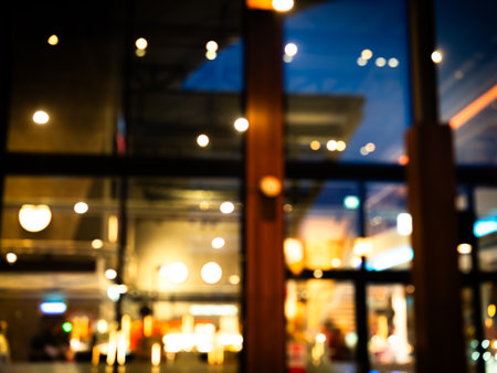 Light Night Bokeh Room City Blur Blue Gold Abstract Background, Dark Blurry focus Neon Street Glister Urban Cityscape, Evening Flare Yellow Color Traffic Interior Backdrop Corridor,Happy New Year Cardの写真素材