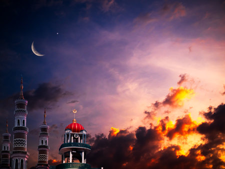 Islamic Purple Architecture Background,Design Sky Star Ramadan Symbols,Building Eid Ai-Fitr on Landscape,New Year Muharram Religion with Mosques Dome,Moon on Sunset,Arabic,Eid Al-Adha,Mubarak Muslimの写真素材