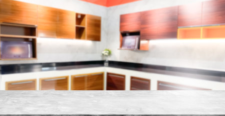 Kitchen Background Empty Table Top, blur Home Room Light White from Window Counter Perspective Wall Floor Scene Modern Clean Restaurant Cooking Bar Marble Vintage Countertop Shelf Product Food.の写真素材
