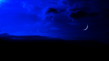 Ramadan Sky Crescent Moon Star Islam Sunset Blue Dark Night Background Landscape Galaxy Cloud Evening Light Eid Arabian Kareem Mubarak Ramazan Muslim Arab Moonlight Iftar Greeting Holy Adha Poster.の写真素材