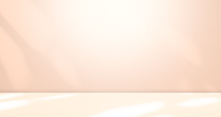 Beige Background Wall Light Shadow Leaf Studio Room Table Product Beauty Cosmetic Summer Abstract White Sun Overlay Gradient from Window Interior, Cream Orange Color Two Tone Empty Scene Minimal 3d Bgの写真素材