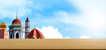 Mosque Dome Prophet Islamic Mecca Israa Mohammed Ramadan Palestine Muhammad  Eid Architecture on Blue Sky Background, Empty Table with Grand Sheikh Uae Arab Islamic Emirates  Mubarak Zayed.の写真素材