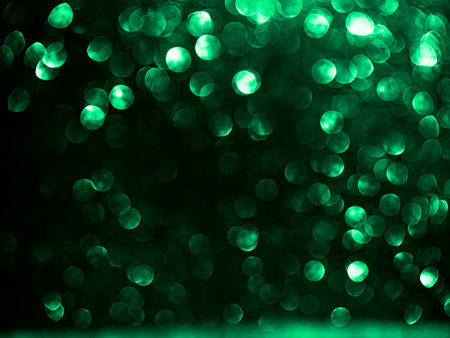 Green Bokeh Background Sparkle Bubble Texture Magic Backdrop Glitter Circle Bright Blur Mockup Emerald Color Light Abstract Spark Dark Texture Pattern Scene Award Luxury Modern Space Template Platformの写真素材