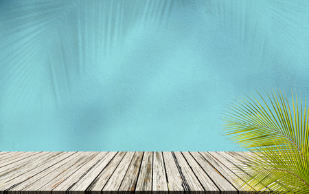Background Blue Shadow Leaf Palm Empty Room Wood Table Minimal Kitchen Summer Tropical Backdrop Product Beauty Cosmetic Mokcup Sceane Loft Podium shelf Patter Floor Wall Minimal Bg 3d Platform bar.の写真素材