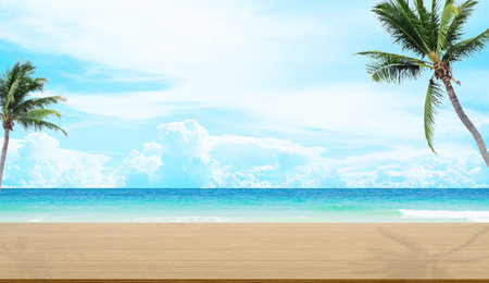 Table on Beach Blue Sea Cloud Sky Horizon Background, Wood Desk Palm Tree Summer Tropical Mockup Top Display Product Beauty Cosmetic, Template Scene Island Ocean Coast Nature Water Stage Landscape.の写真素材