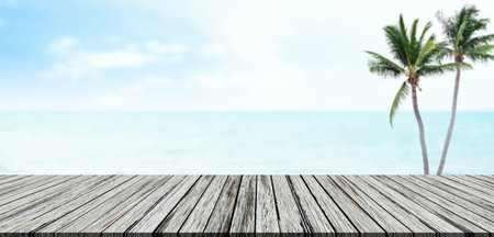 Table on Beach Blue Sea Cloud Sky Horizon Background, Wood Desk Palm Tree Summer Tropical Mockup Top Display Product Beauty Cosmetic, Template Scene Island Ocean Coast Nature Water Stage Landscape.の写真素材