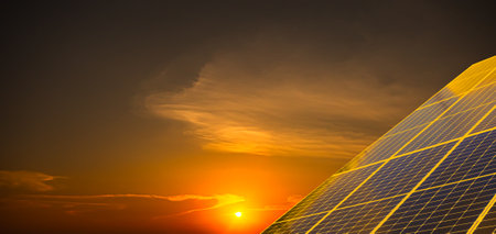 Solar Panel Energy Photovoltaic Power Roof House Building Factory on Sun set Background, New System Cell Industry Electric on Light Heat Field Renewable Technology Business Design Electricity Plant.の写真素材