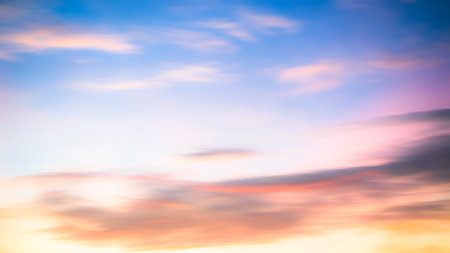 Gradient Overlay Orange Sunset Sunrise blur Effect Pastel Background Sky Evening Beautiful Landscape Light Blue Purple Dawn Hour Sunny Twilight Summer Autumn Spring Season Cloud Clear Sun Horizon Day.の写真素材